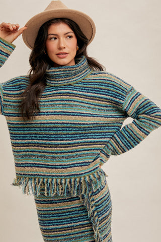 FRINGE TURTLE NECK SWEATER (BLUE/MULTI)