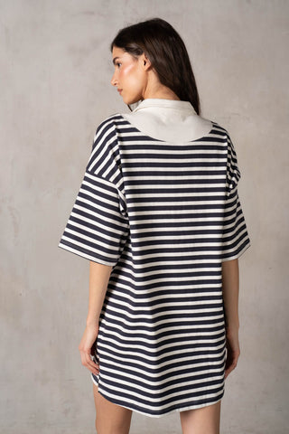 Yarn-dye Stripe Ss Collared Half Btn-up Boxy Dress