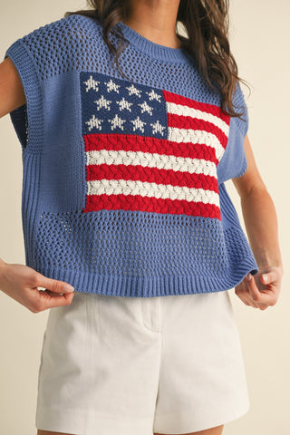 American Flag Open Stitch Sweater Top (BLUE)