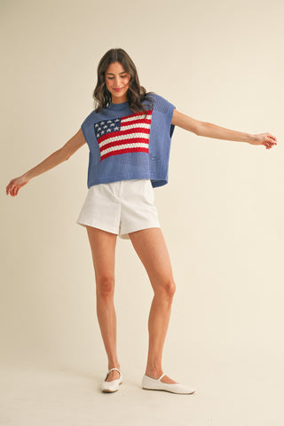 American Flag Open Stitch Sweater Top (BLUE)