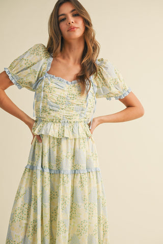 (MEDIUM + LARGE) Floral Pleated Bodice Midi Dress With Ruffle Trim