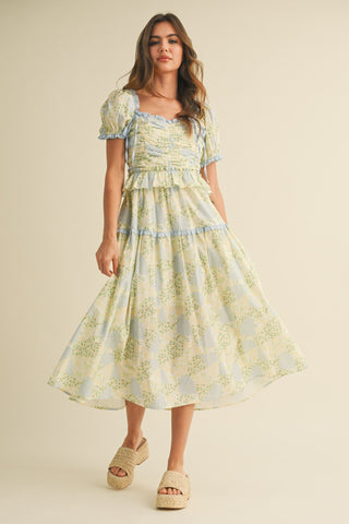 (MEDIUM + LARGE) Floral Pleated Bodice Midi Dress With Ruffle Trim