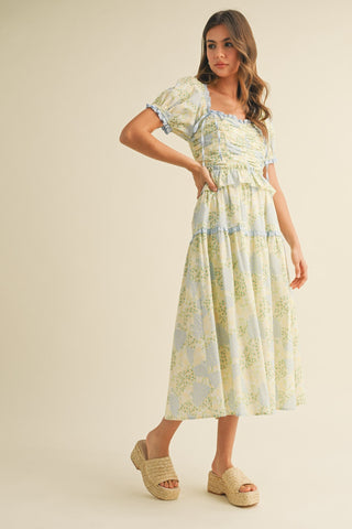 (MEDIUM + LARGE) Floral Pleated Bodice Midi Dress With Ruffle Trim