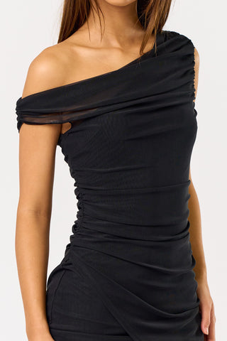 Mesh Asymmetrical Ruching Mini Dress (BLACK)