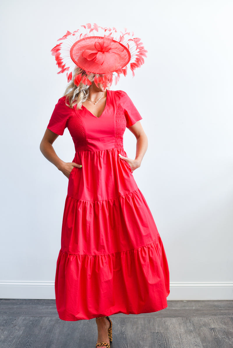 Alexis Poplin Tiered Midi Dress (Cherry Red)