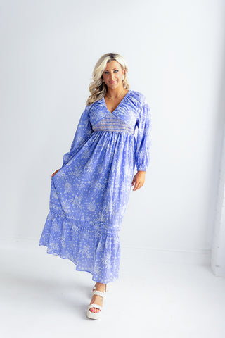 V Neck Floral Maxi Dress (Periwinkle)