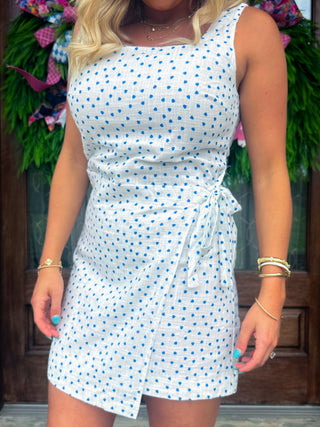 TIDEPOOL WRAP OVER MINI DRESS (WHITE/BLUE) - SADIE & SAGE