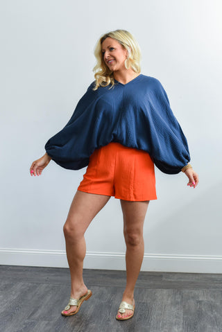 Dolman Sleeve Billowy Bottom Woven Top in Navy Gauze