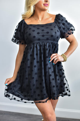 POLKA DOT MESH PUFF SLEEVE FULLY LINED DRESS IN HOT PINK