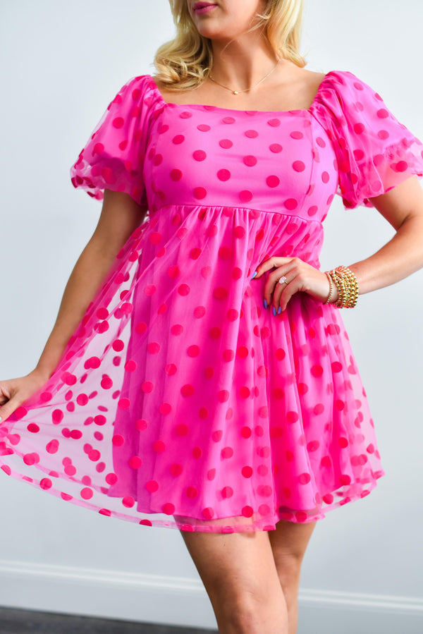 POLKA DOT MESH PUFF SLEEVE FULLY LINED DRESS IN HOT PINK