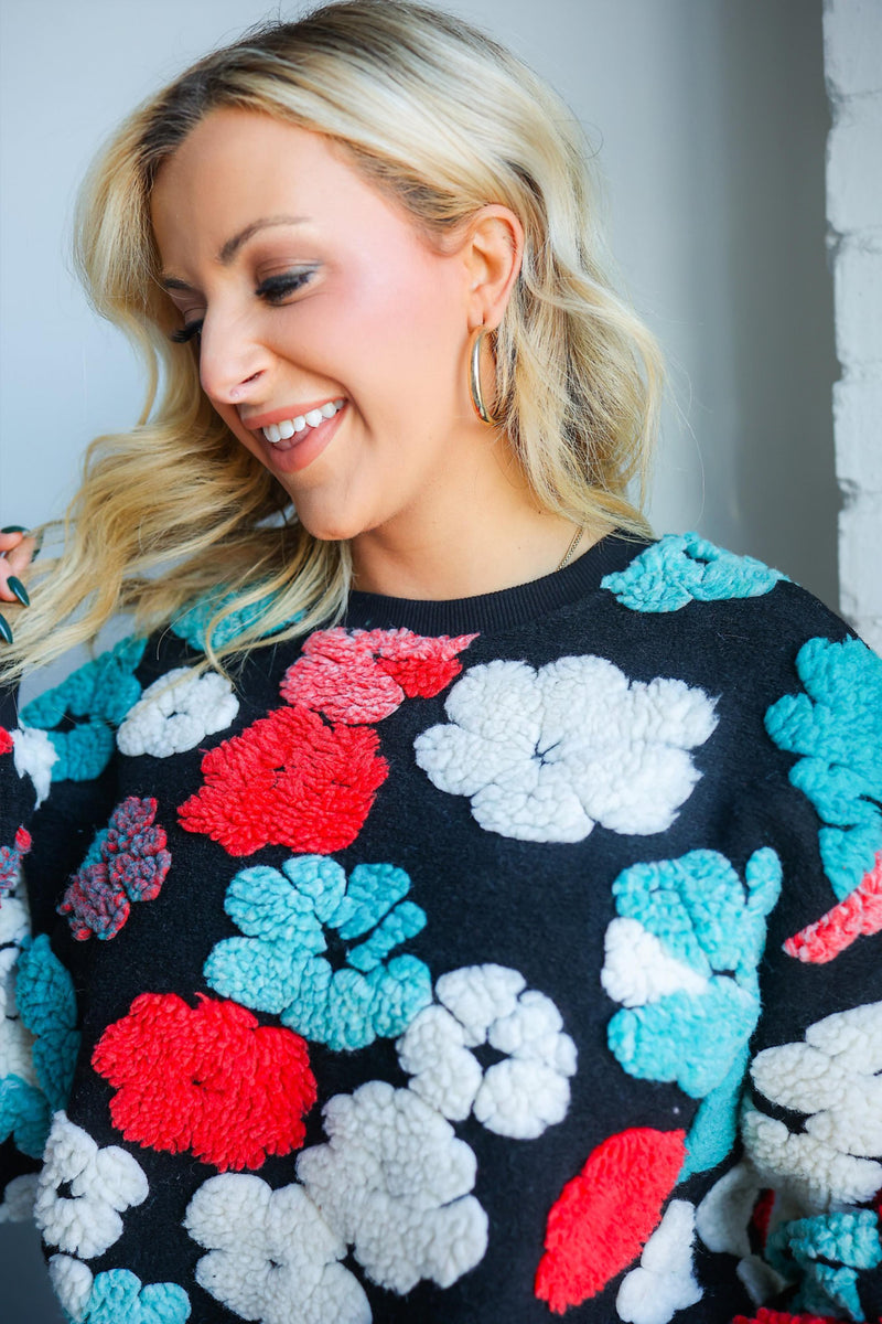 RELAXED FIT SHERPA FLORAL PATTERN CREWNECK SWEATER