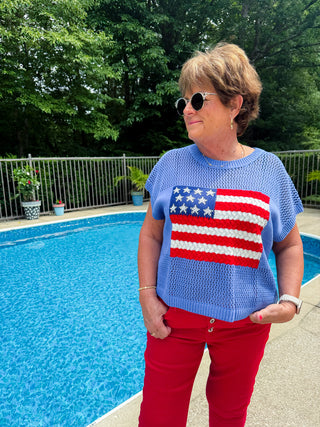 American Flag Open Stitch Sweater Top (BLUE)