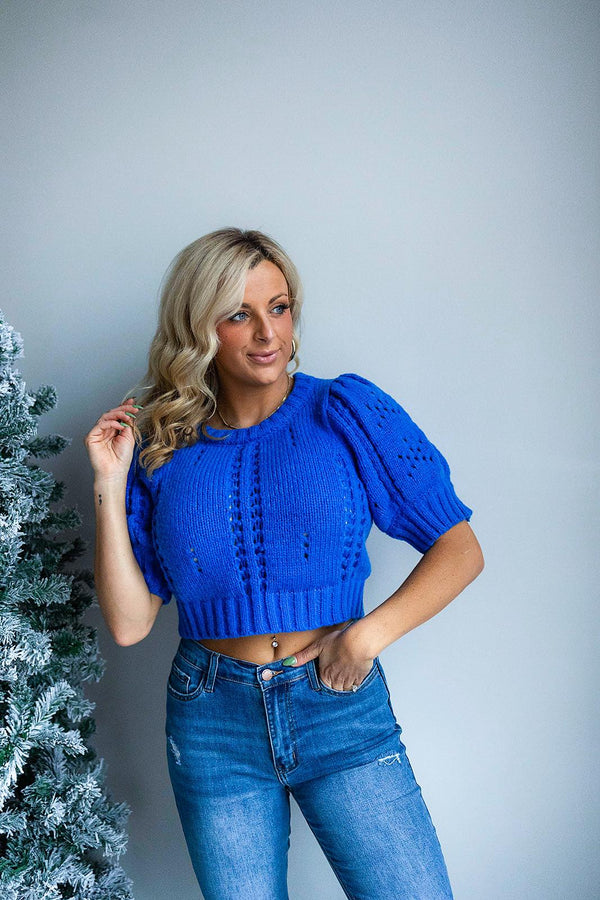 POINTELLE CROPPED PUFF SLEEVE CROPPED SWEATER (Royal Blue)
