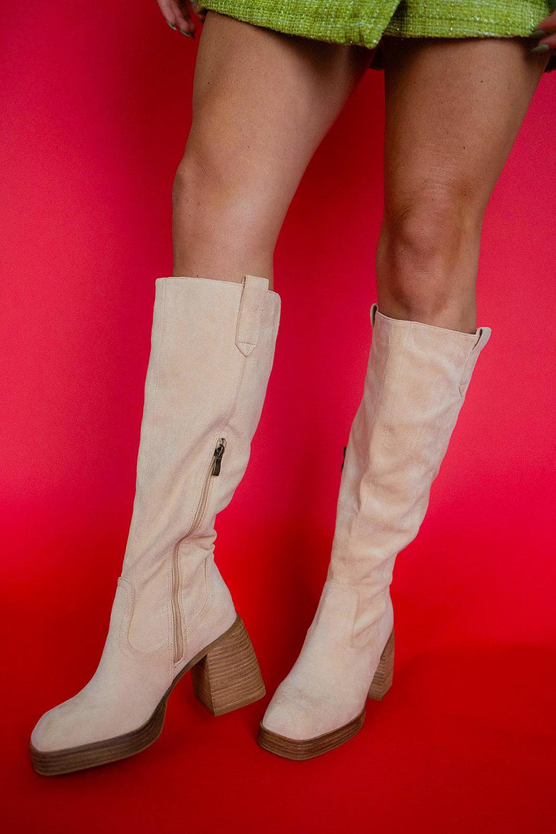 SEMI-SQUARE TOE CHUBBY CURVED HEEL TALL BOOTS (BEIGE)