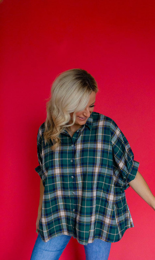 BUTTON DOWN PLAID EASY OVERSIZED SHIRT(GREEN CHECK)