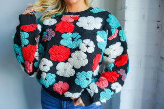 RELAXED FIT SHERPA FLORAL PATTERN CREWNECK SWEATER