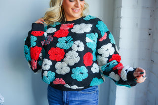 RELAXED FIT SHERPA FLORAL PATTERN CREWNECK SWEATER