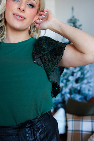 SEQUIN RUFFLE SLEEVE CREW NECK KNIT TOP (EMERALD)