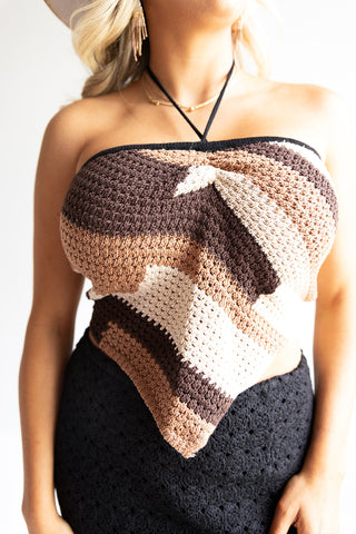 Bandana Hem Cropped Colorblock Crochet Tube Top