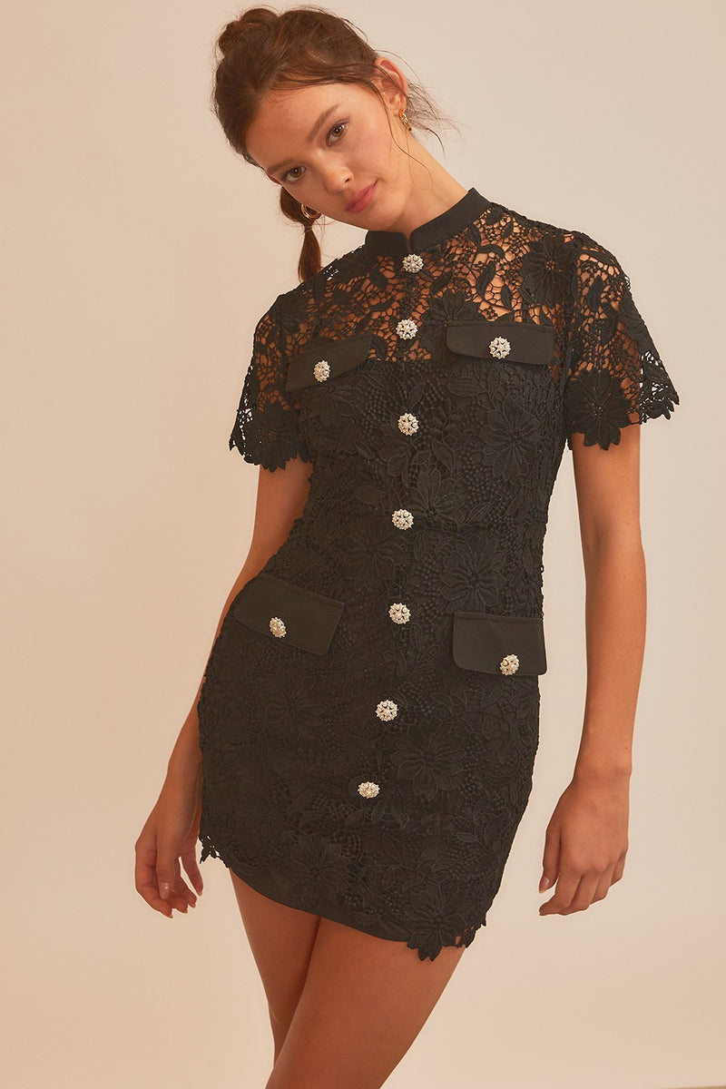 China Collar Down With Pocket Lace Mini Dress