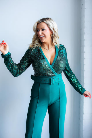 SEQUINS PRINT TOP FASHION JUMPSUIT (EMERALD)