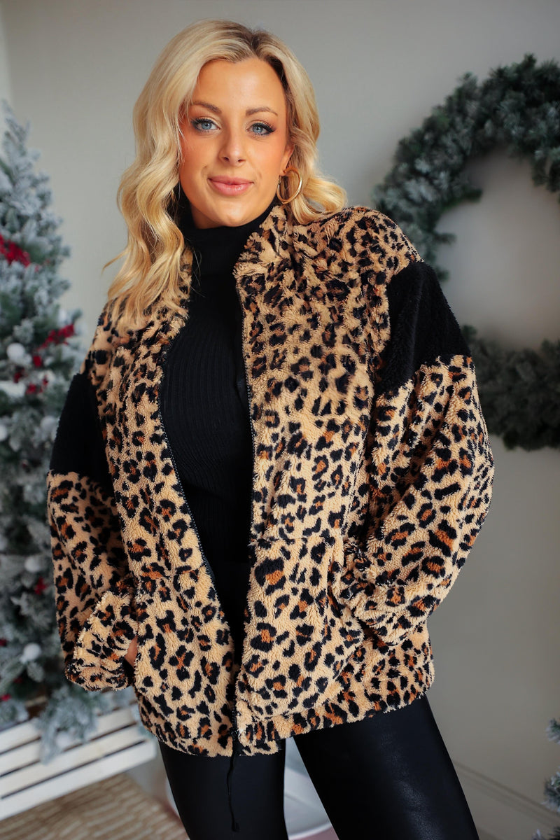 Print Faux Fur Solid Contrast Sleeve Band Jacket