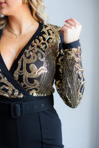 SEQUINS PRINT TOP FASHION JUMPSUIT (GOLD/BLACK)