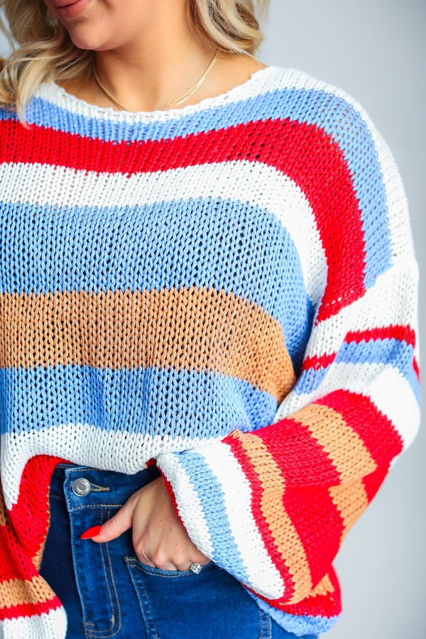 Multicolored Stripe Round Neck Long Sleeve Sweater (BLUE)