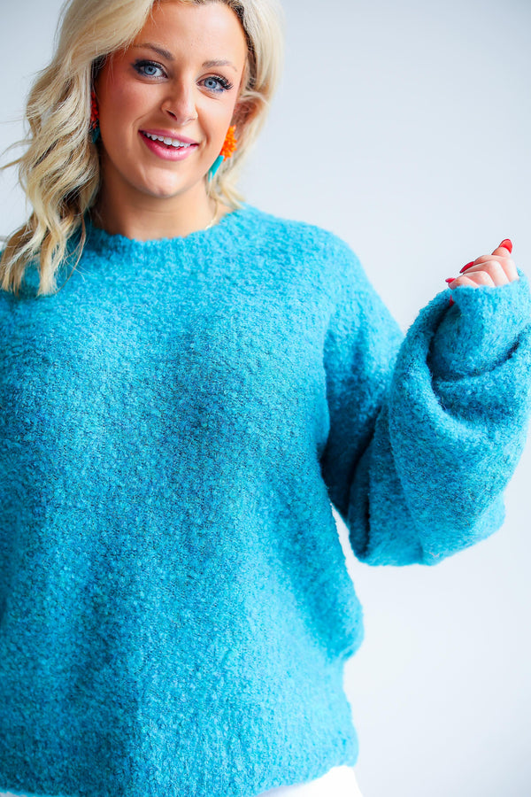 Solid Fuzzy Cozy Knit Sweater Top (Seafoam)
