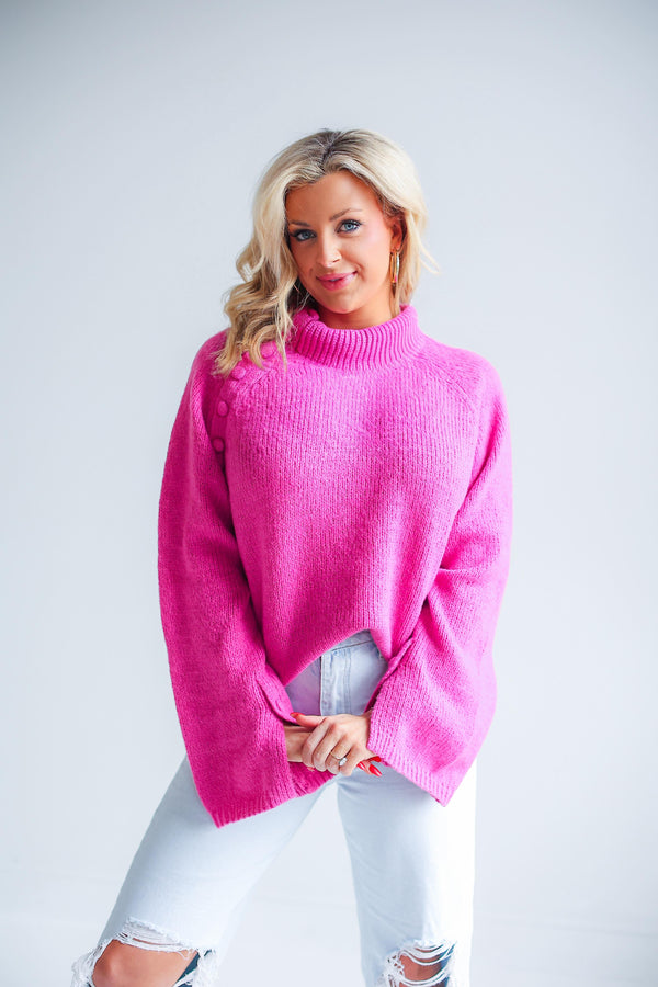 High Neck Side Opening Sweater Top (Hot Pink)