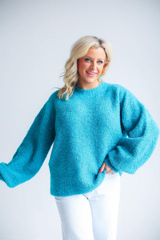 Solid Fuzzy Cozy Knit Sweater Top (Seafoam)