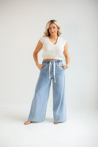 LIGHT WASH DENIM WIDE LEG PANTS