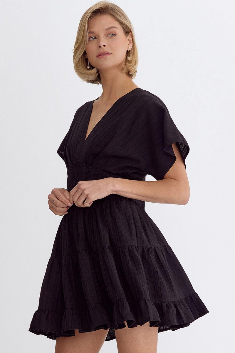 Textured V-Neck Short Sleeve Mini Dress (Black)