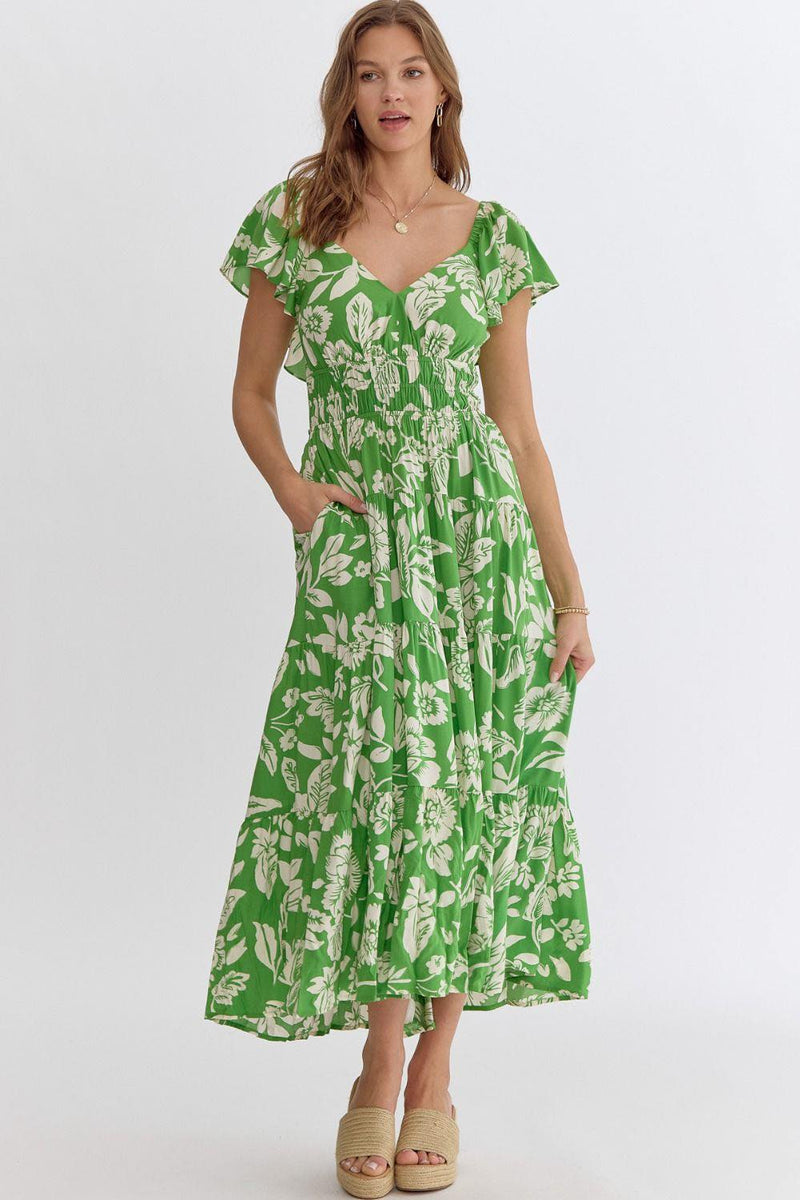 Floral Short Sleeve Midi Dress (Green)