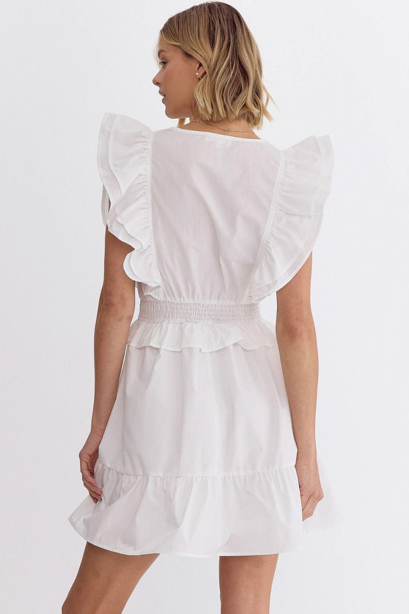 Solid V-Neck Sleeveless Mini Dress (White)