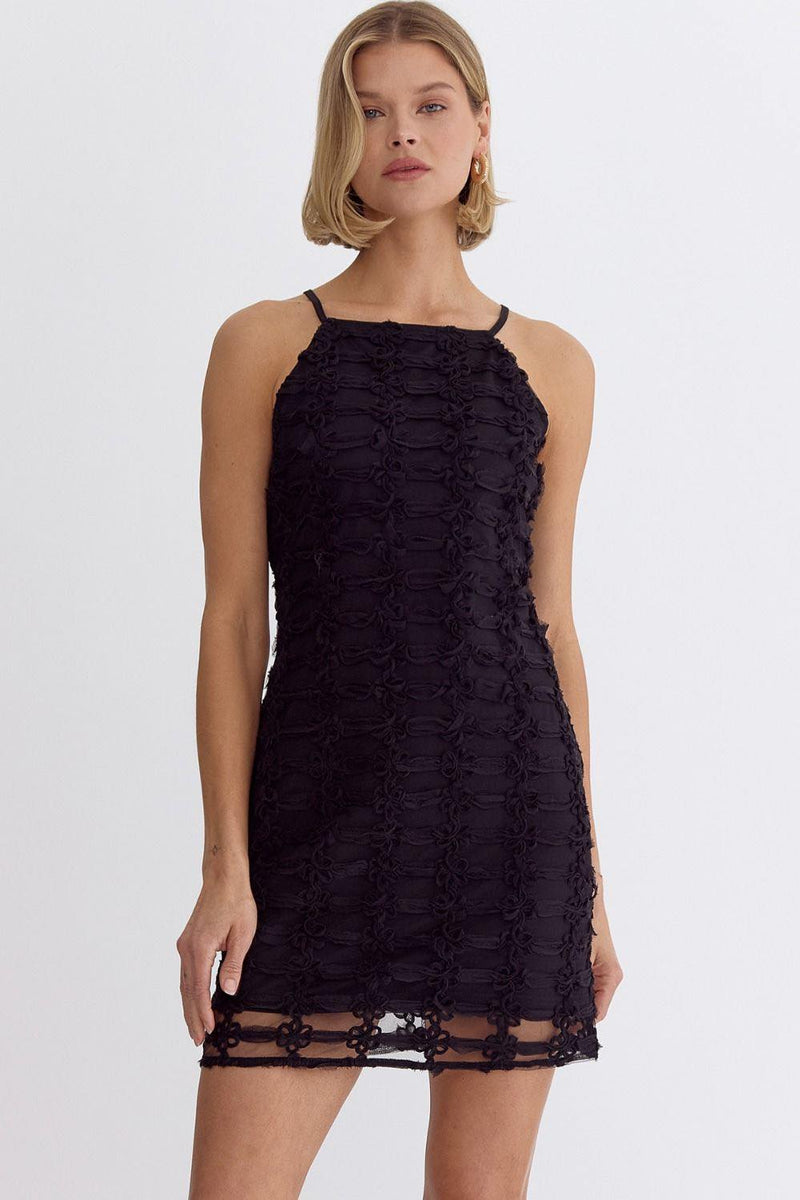 Embroidered Sleeveless Halter Dress (Black)