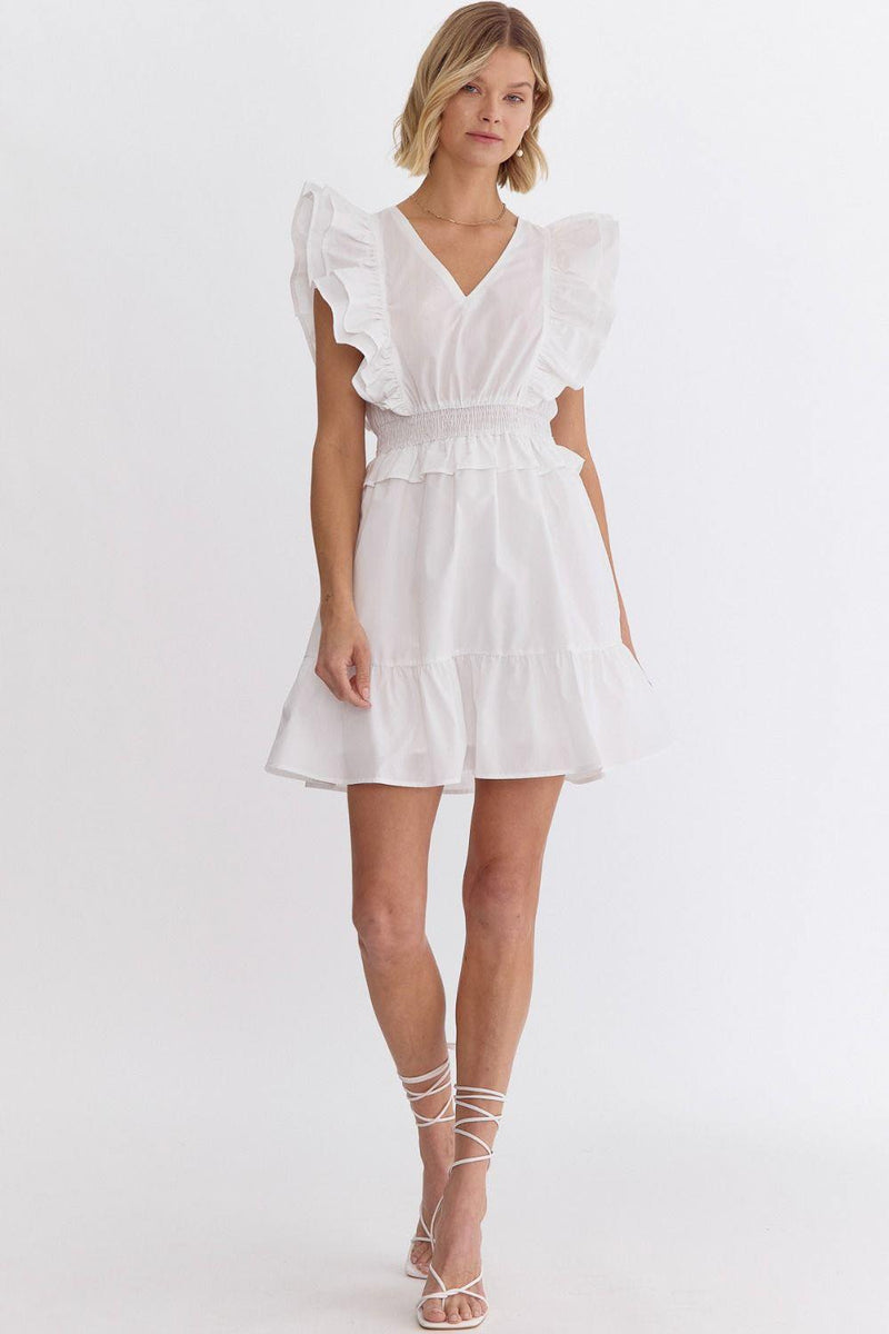 Solid V-Neck Sleeveless Mini Dress (White)