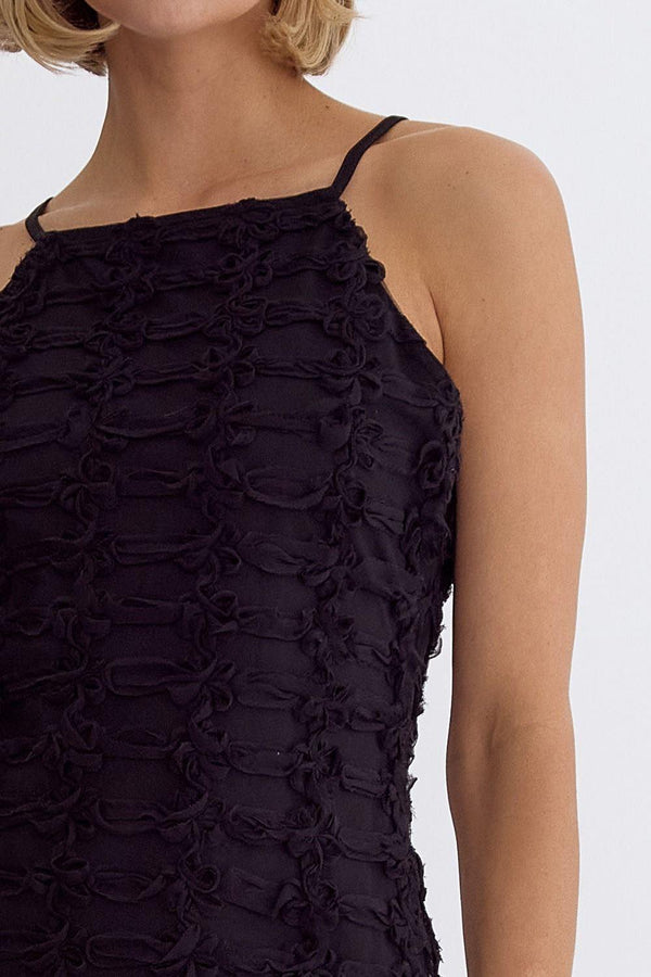 Embroidered Sleeveless Halter Dress (Black)