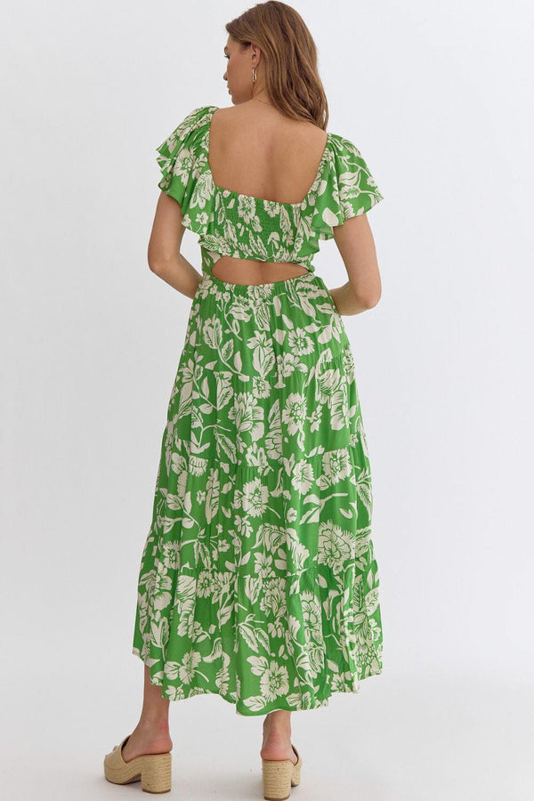 Floral Short Sleeve Midi Dress (Green)