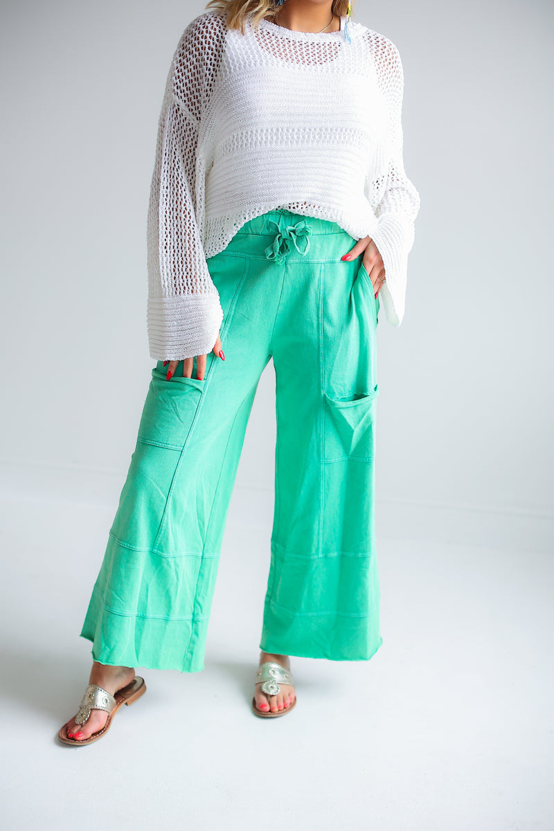 MINERAL WASHED TERRY KNIT PANTS (EVERGREEN)