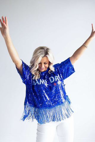 GAME DAY ROYAL BLUE FRINGE TOP