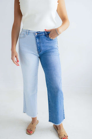 HIGH RISED COLOR BLOCK WIDE JEANS