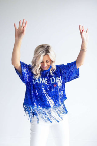 GAME DAY ROYAL BLUE FRINGE TOP