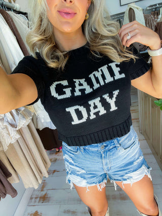 GAME DAY CROPPED SWEATER TOP (BLACK)