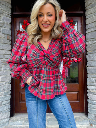 TARTAN CHECK FRONT TWISTED PEPLUM BLOUSE