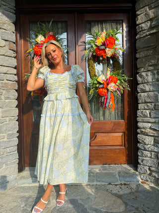 (MEDIUM + LARGE) Floral Pleated Bodice Midi Dress With Ruffle Trim