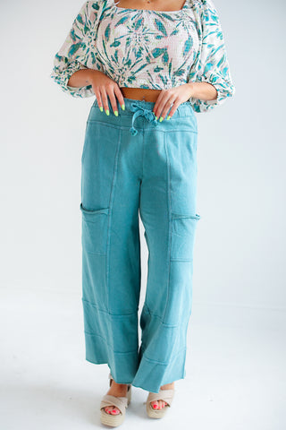 MINERAL WASHED TERRY KNIT PANTS (TEAL)