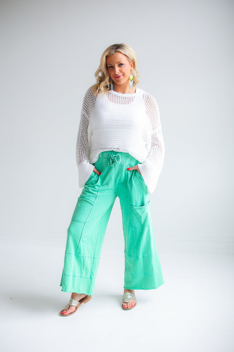 MINERAL WASHED TERRY KNIT PANTS (EVERGREEN)