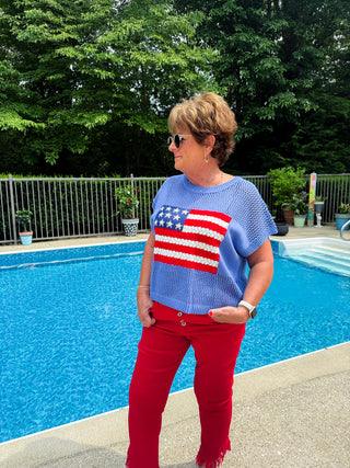 American Flag Open Stitch Sweater Top (BLUE)