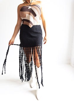Solid Crochet Eyelet-Knit Fringe Maxi Skirt (Black)